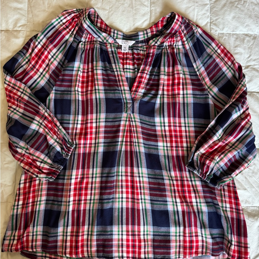 crown & ivy Red Navy Plaid Peasant Blouse